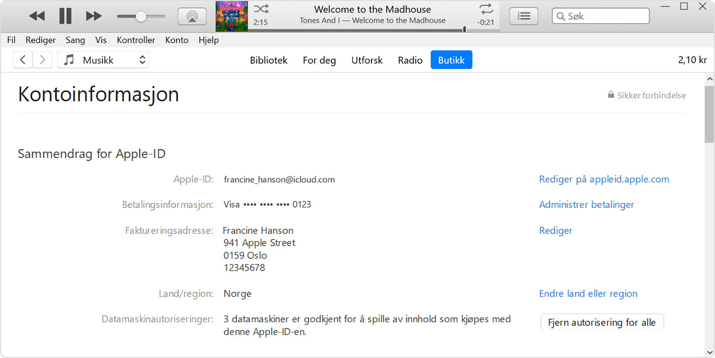 iTunes viser kontoinformasjon-siden
