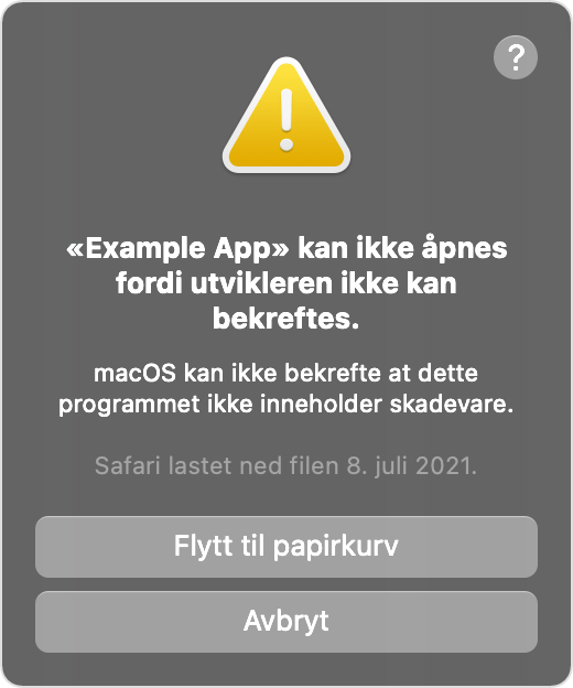 macOS-varselvindu: Programmet kan ikke åpnes fordi utvikleren ikke kan bekreftes.