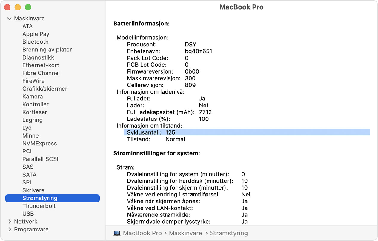 Systeminformasjon-vinduet på MacBook Pro med antall batterisykluser uthevet