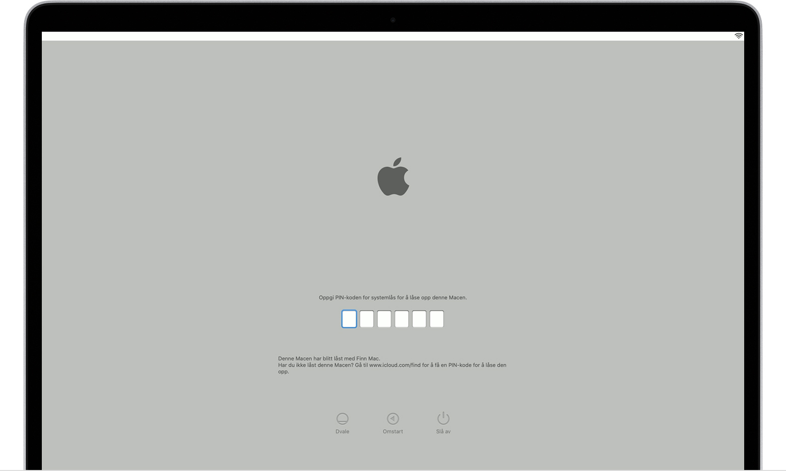 Oppstartsskjerm i macOS med skjerm med PIN-kode for systemlås