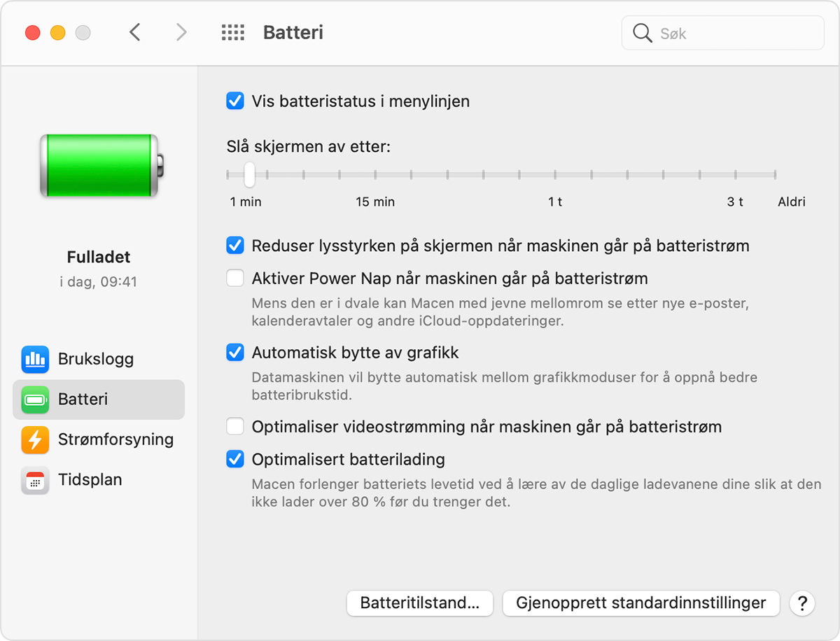 macOS-vindu der batteriinnstillingen «Automatisk bytte av grafikk» er valgt
