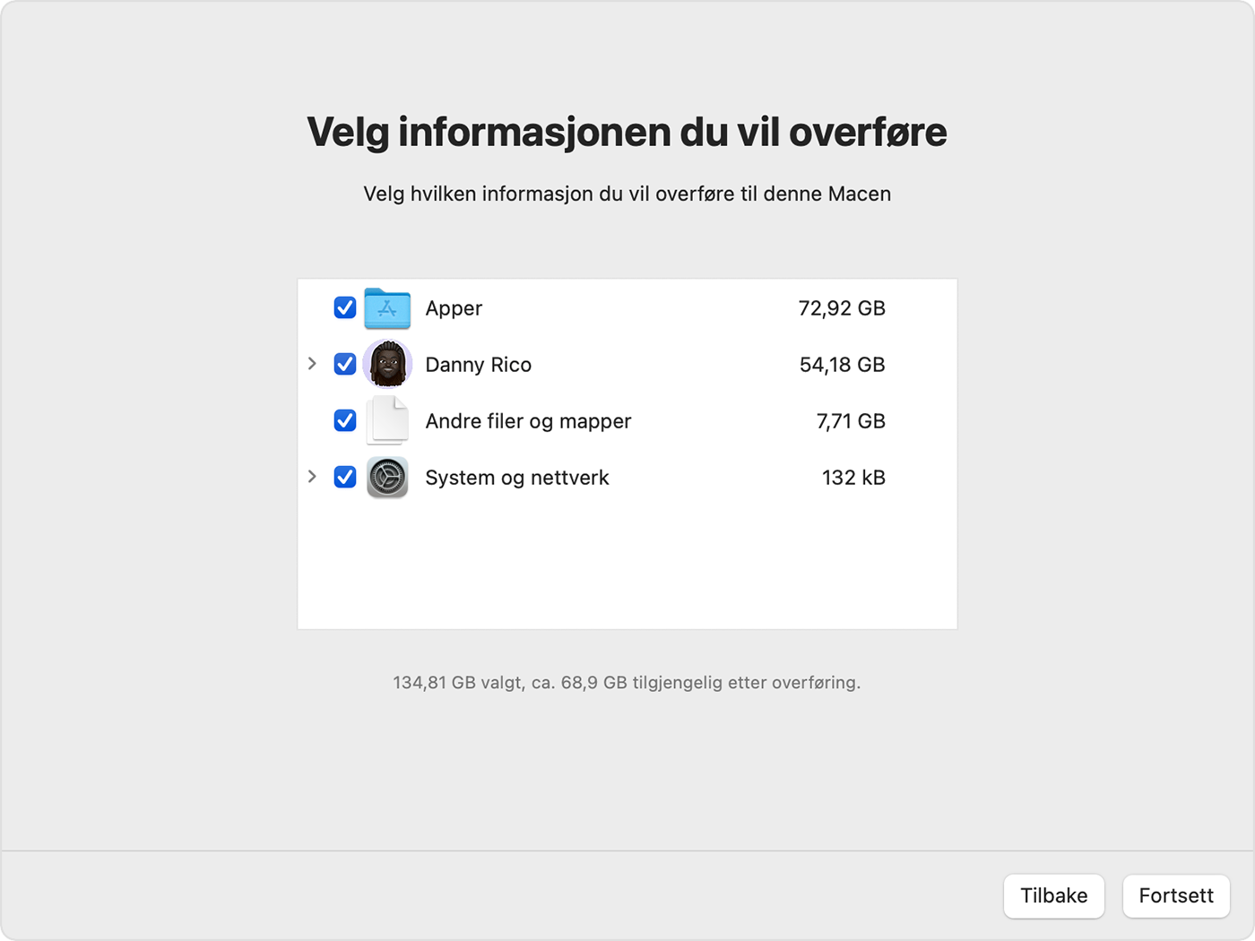 Overføringsassistent: Velg brukerne og mappene du vil overføre til den nye Macen