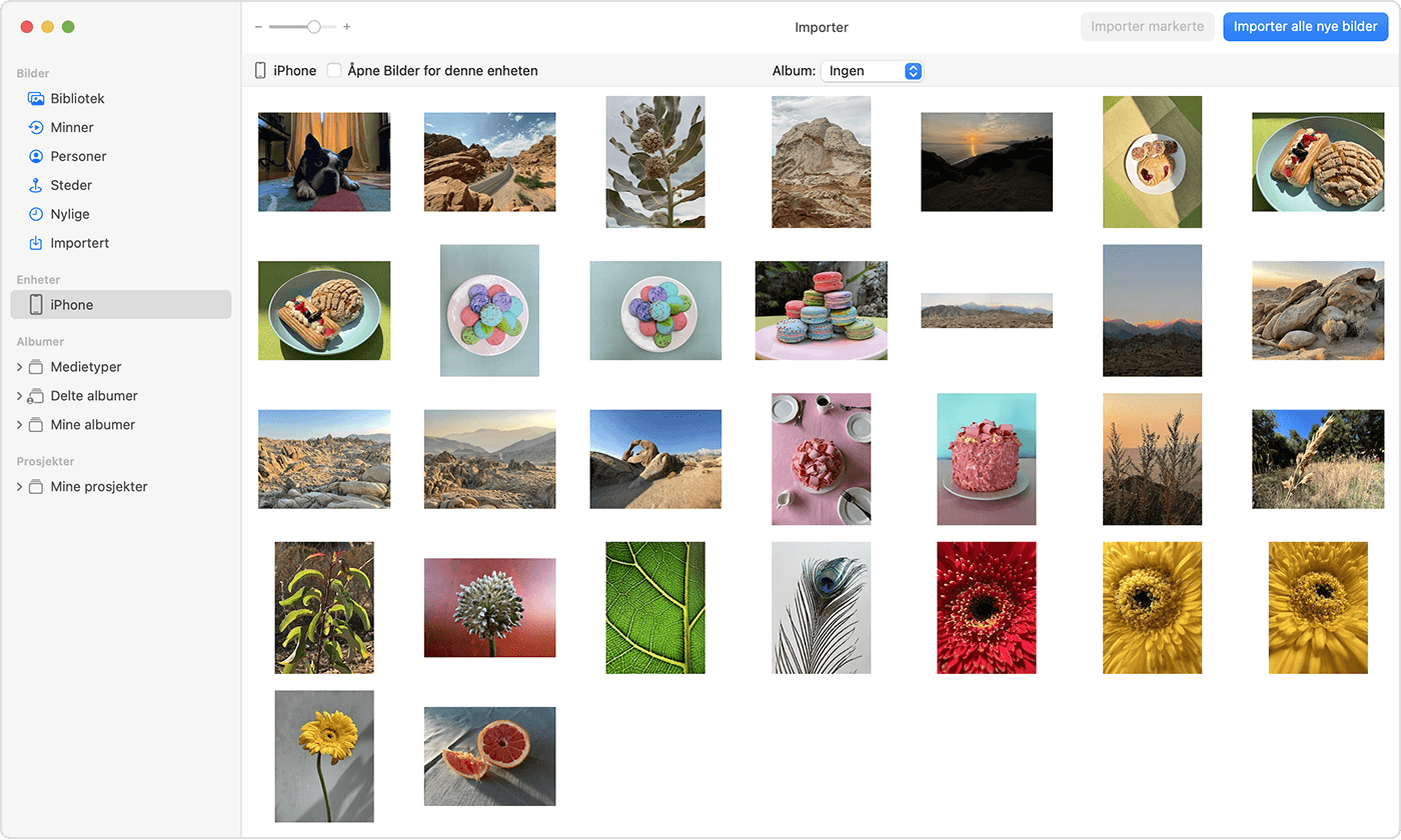 Mac-skjerm der bildene som er tilgjengelige for import, vises