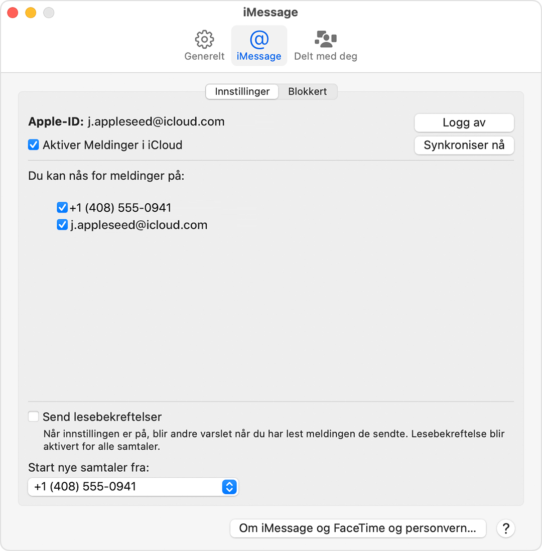 Mac-skjerm som viser hvordan du slår telefonnummeret ditt på eller av for Macen