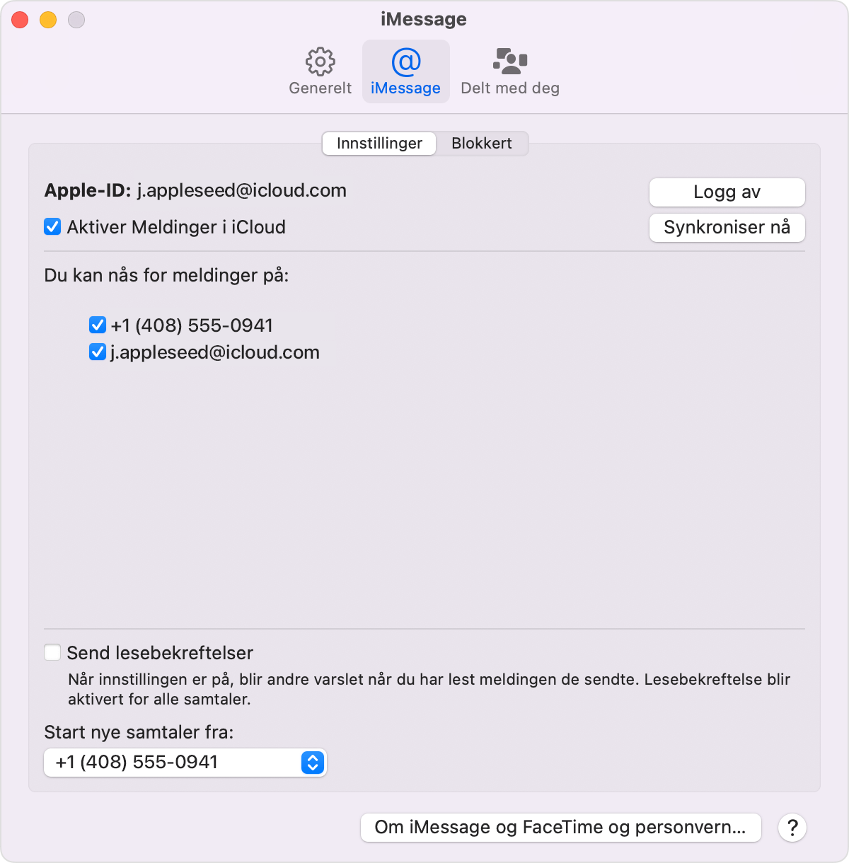 Innstillingsskjerm for iMessage på Mac med Aktiver Meldinger i iCloud valgt