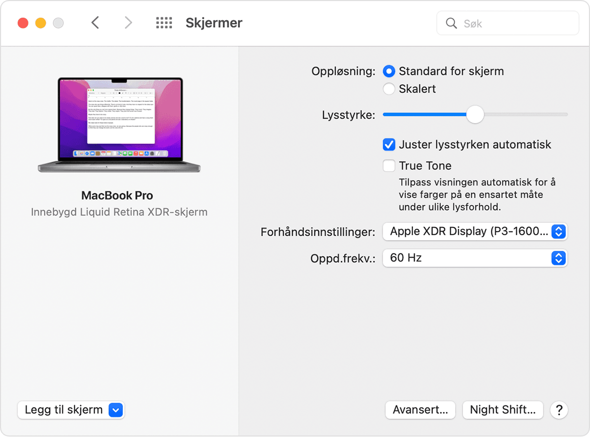 Vinduet til Skjermer-systemvalgene i macOS med True Tone slått på