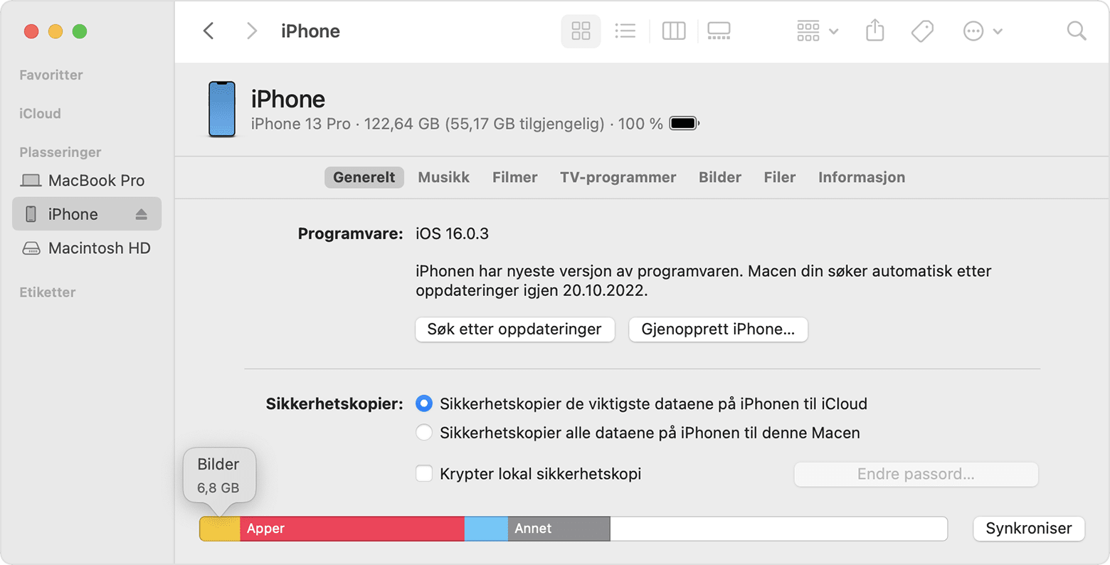 En Mac-skjerm som viser hvordan du bruker Finder til å sjekke lagringsplassen på iOS-enheten din