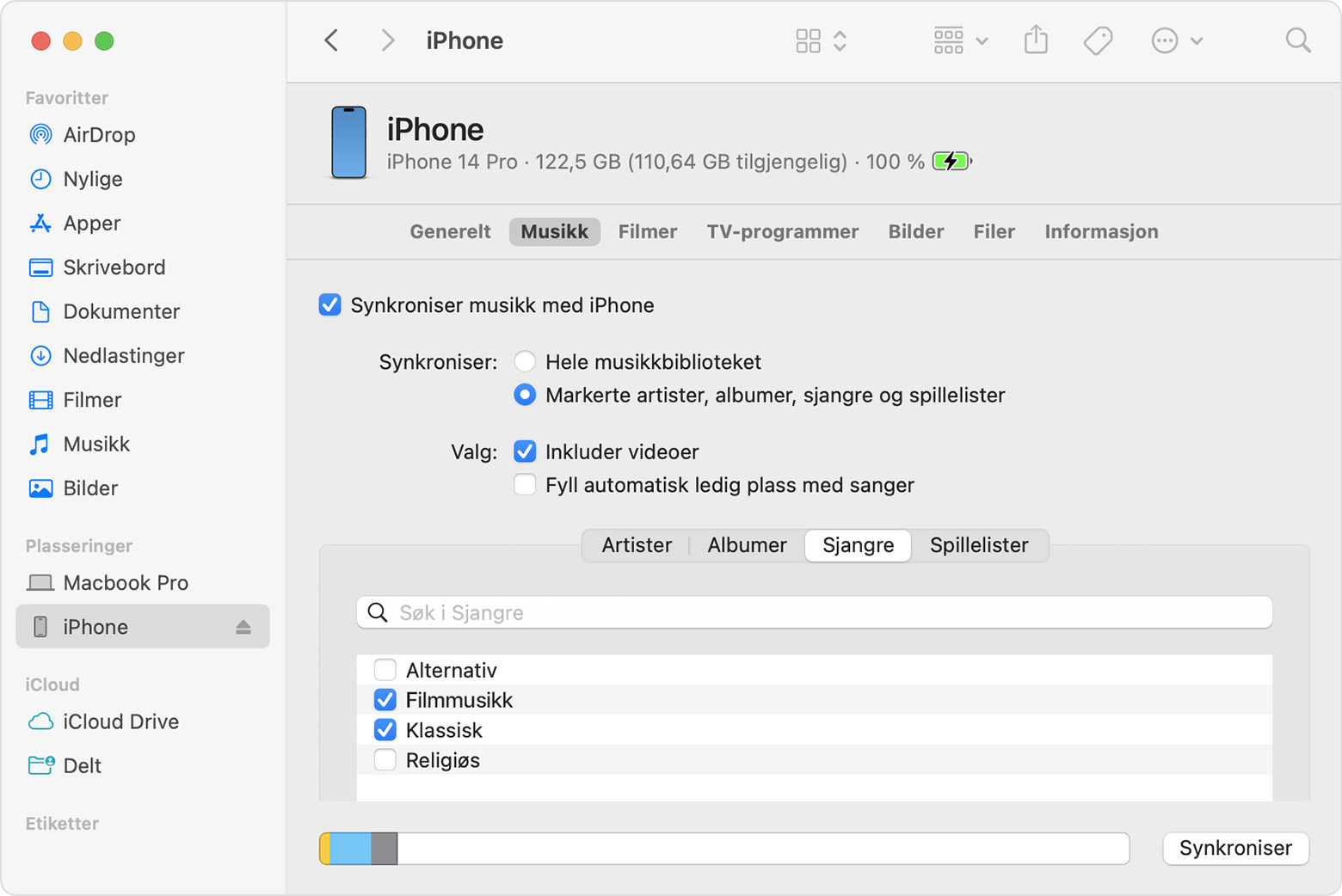 Bruk Finder til å synkronisere iPhone, iPad eller iPod touch med Mac -  Apple-kundestøtte (NO)