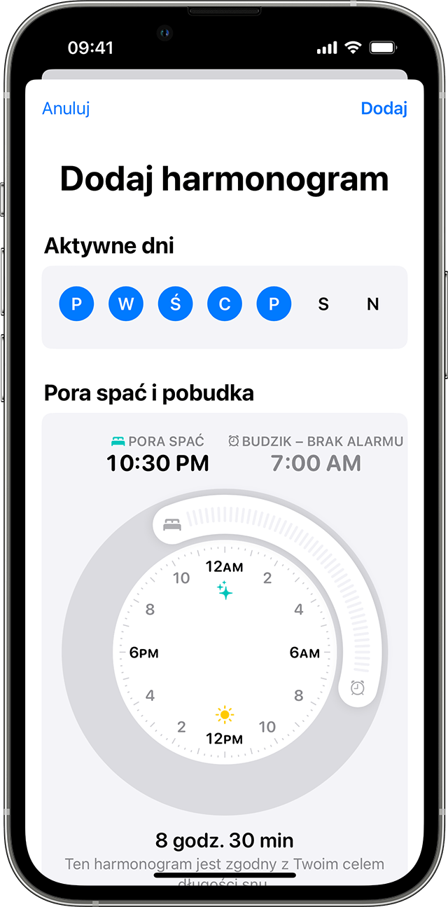 Ekran iPhone’a wyświetlający opcje edycji całego harmonogramu snu