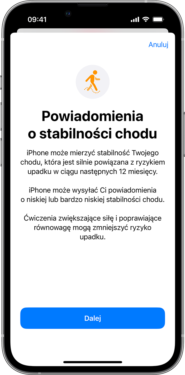 Ekran iPhone’a wyświetlający stronę konfiguracji funkcji Stabilność chodu