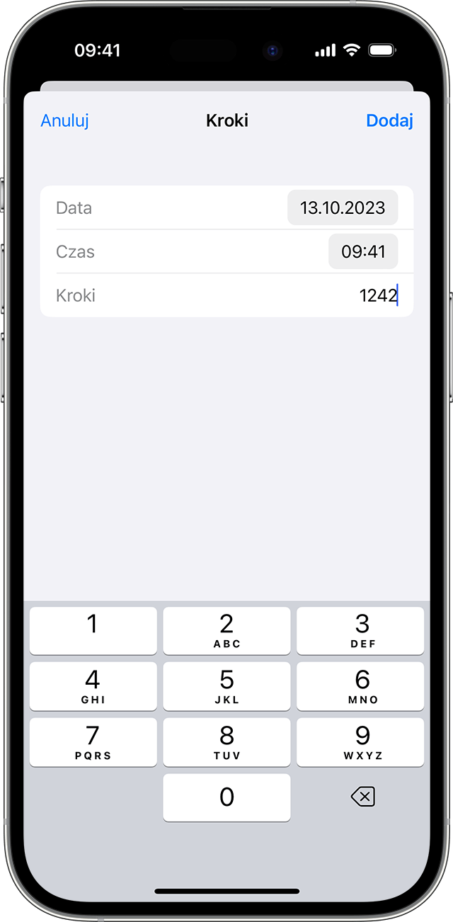 Data, godzina i liczba kroków wprowadzonych dla aktywności na telefonie iPhone.
