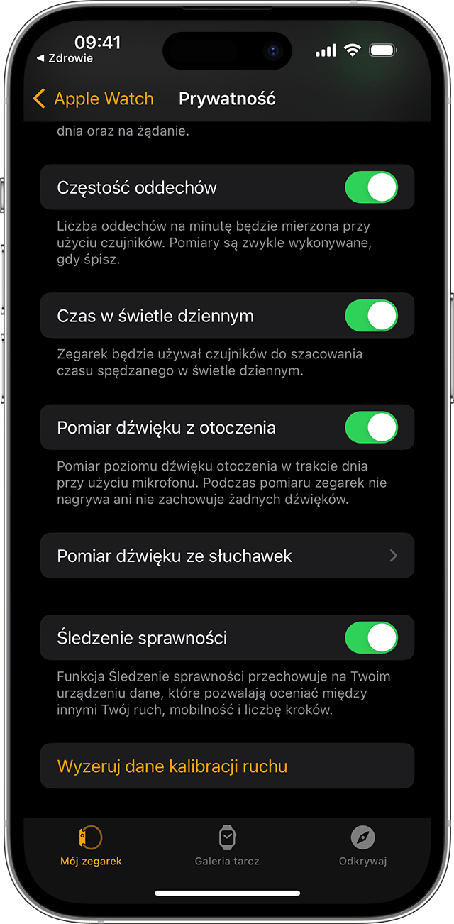 Opcje prywatności dostępne w aplikacji Watch na iPhonie.