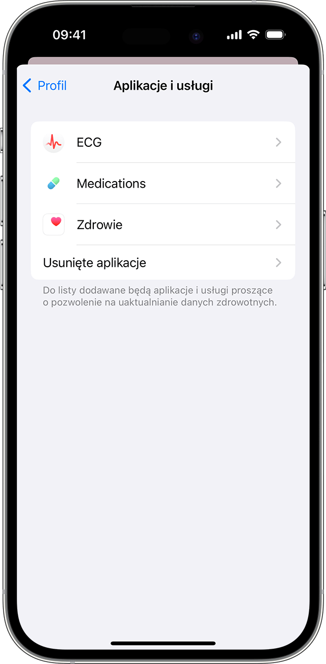 Aplikacje EKG, Zdrowie i Leki wymienione jako zgodne z aplikacją Zdrowie na iPhonie.