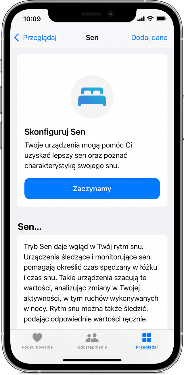 Ekran telefonu iPhone wyświetlający opcję Skonfiguruj Sen 