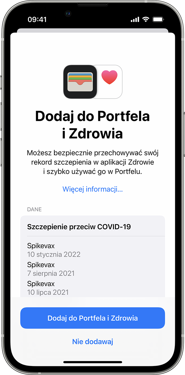 Ekran telefonu iPhone wyświetlający rekord szczepienia przeciw COVID-19 gotowy do dodania do aplikacji Portfel i Zdrowie