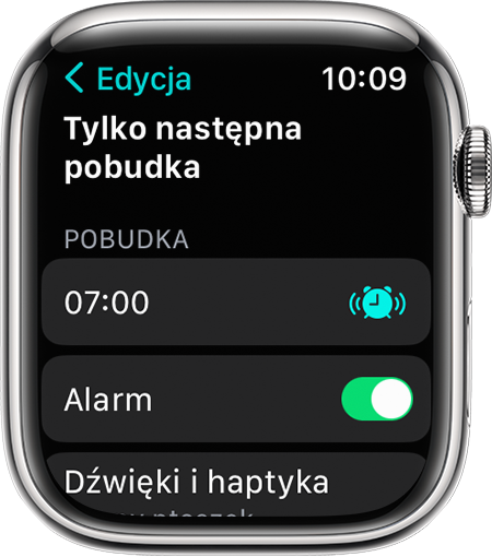 Ekran zegarka Apple Watch wyświetlający opcje edycji pozycji Tylko następna pobudka