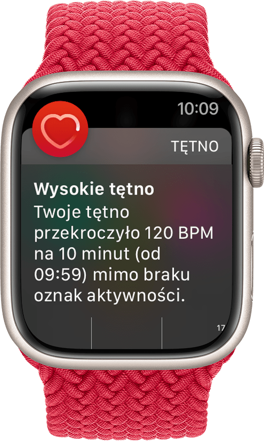 Zegarek Apple Watch wyświetlający powiadomienie o przyspieszonym tętnie