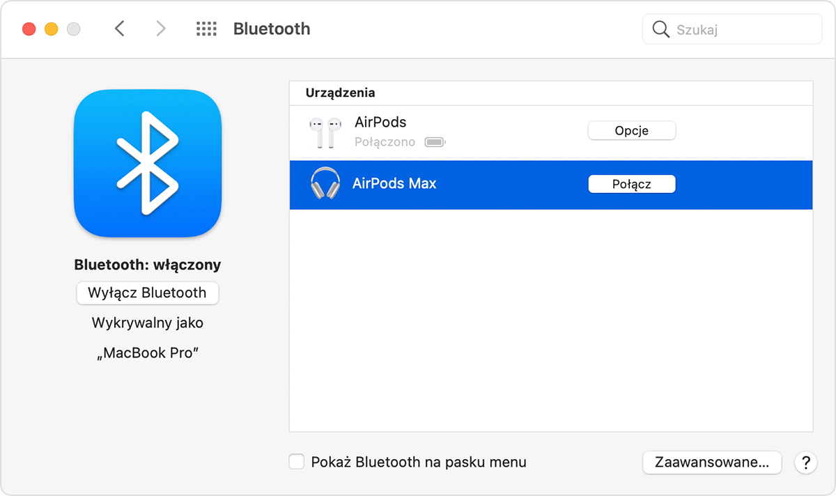 Opcje Bluetooth na komputerze Mac