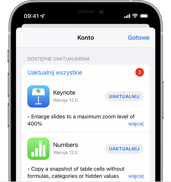 iPhone pokazujący listę dostępnych aktualizacji dla pięciu różnych aplikacji.