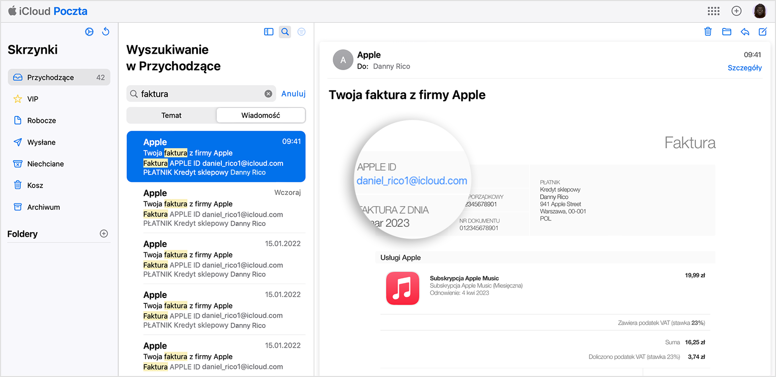 Potwierdzenie e-mail zawierające informację o koncie Apple ID użytym w celu dokonania zakupu od Apple.
