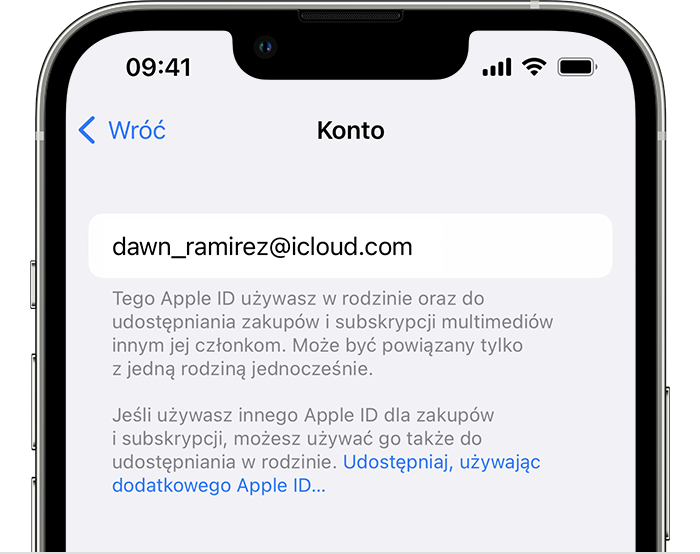 Opcja Udostępniaj, używając dodatkowego Apple ID jest widoczna jako niebieski tekst.