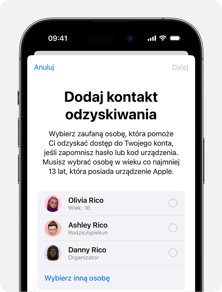 Ekran iPhone’a pokazujący kontakty, które możesz dodać jako kontakt odzyskiwania