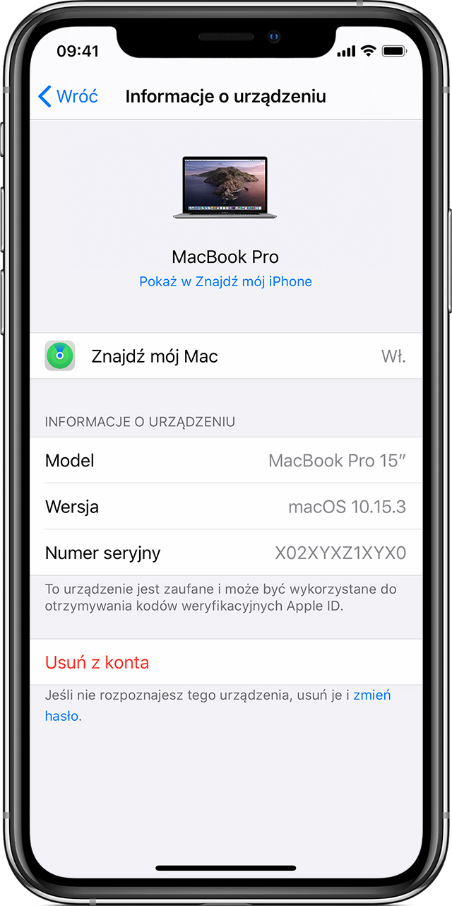 Wyświetlanie listy urządzeń na koncie Apple ID w celu sprawdzenia, na