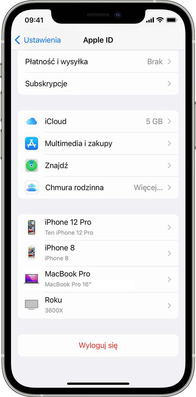 Zrzut ekranu telefonu iPhone z menu Apple ID w Ustawieniach urządzenia. Lista urządzeń znajduje się u dołu ekranu.