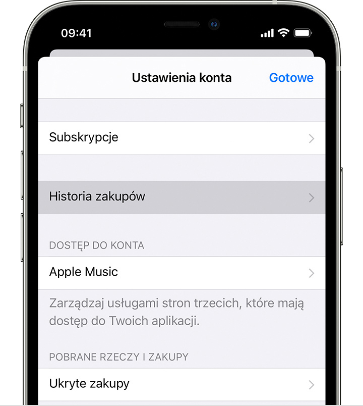 iPhone wyświetlający opcję menu Historia zakupów w Ustawieniach