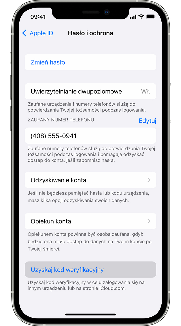 Ekran telefonu iPhone pokazujący, jak uzyskać kod weryfikacyjny z Ustawień.