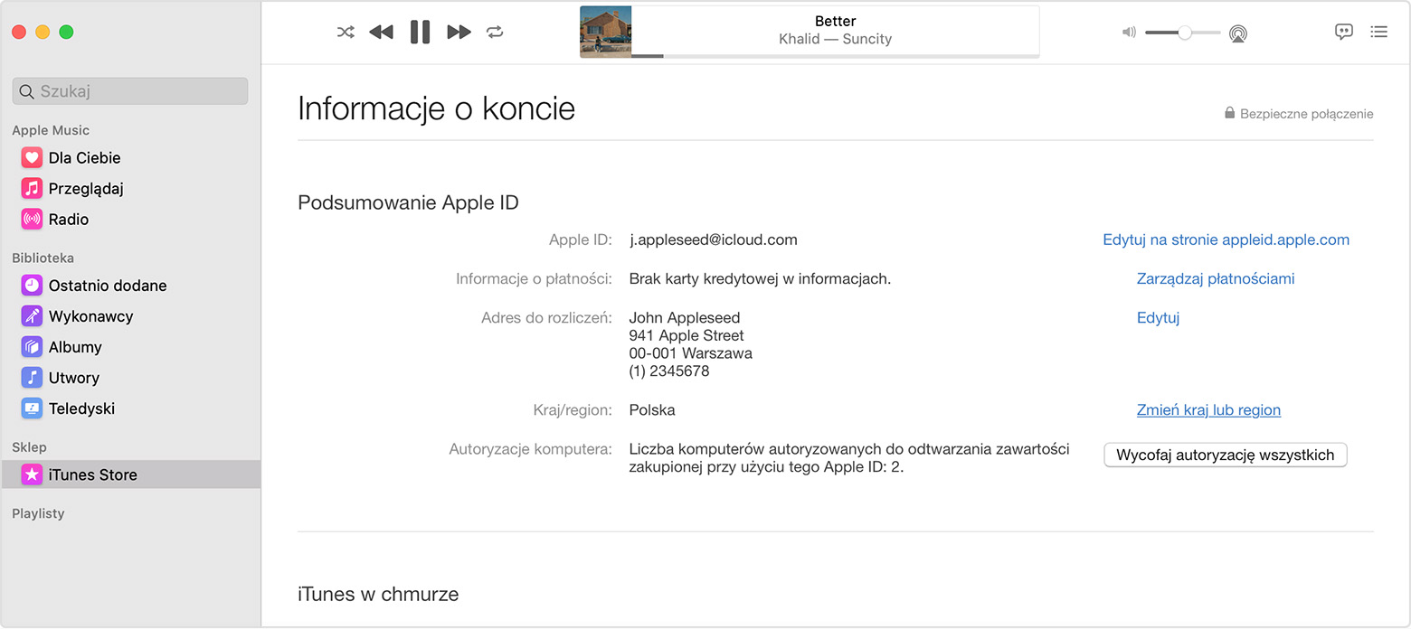 Komputer Mac wyświetlający stronę Informacje o koncie