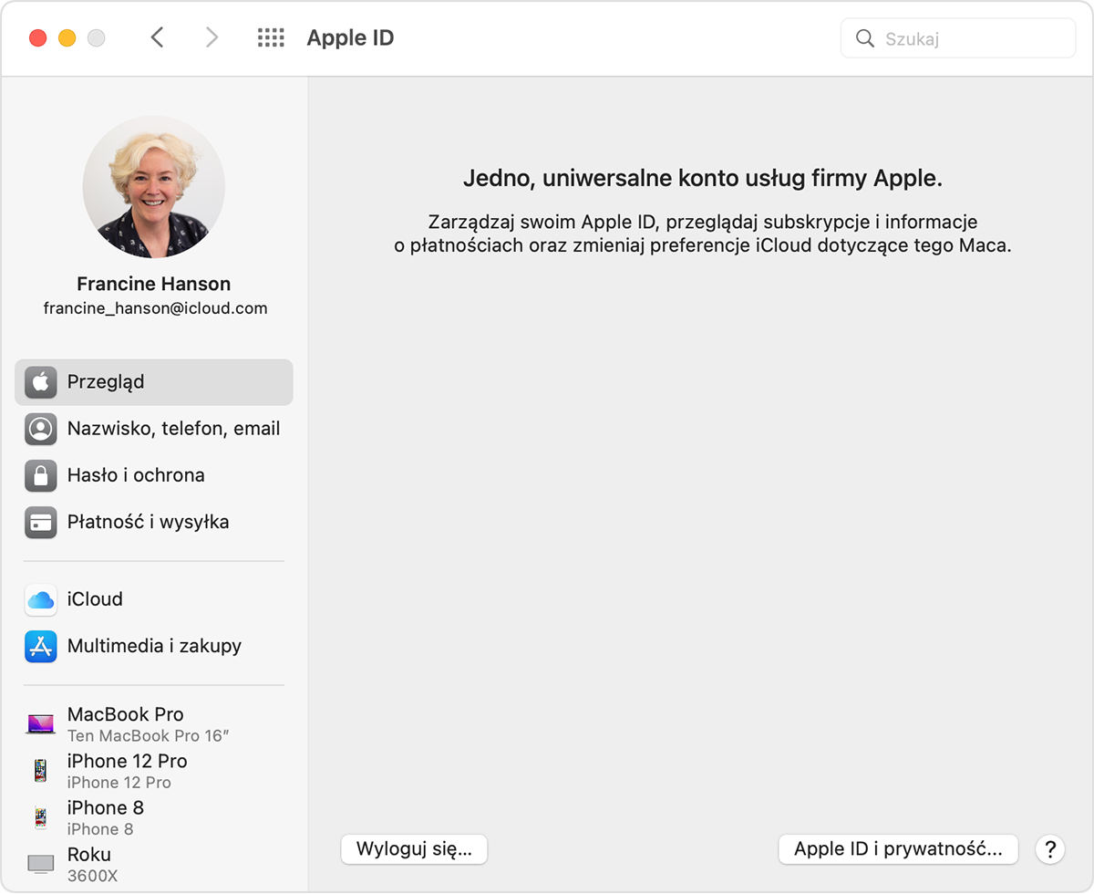Menu Apple ID w Preferencjach systemowych z opcjami dla klientki Francine Hanson.