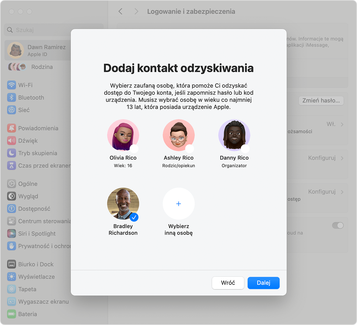 Ekran Maca pokazujący kontakty, które możesz dodać jako kontakty odzyskiwania