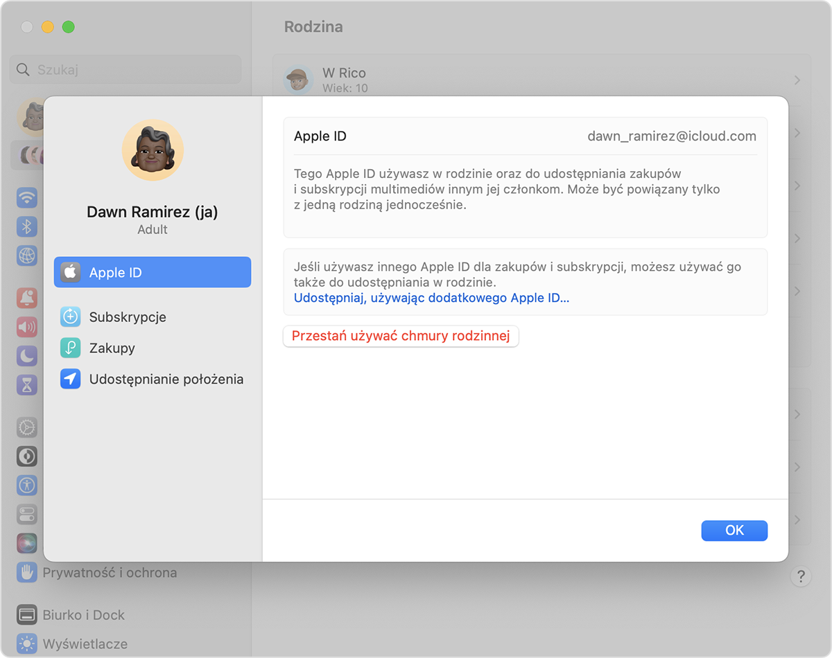 Opcja Udostępniaj, używając dodatkowego Apple ID jest widoczna jako niebieski tekst.