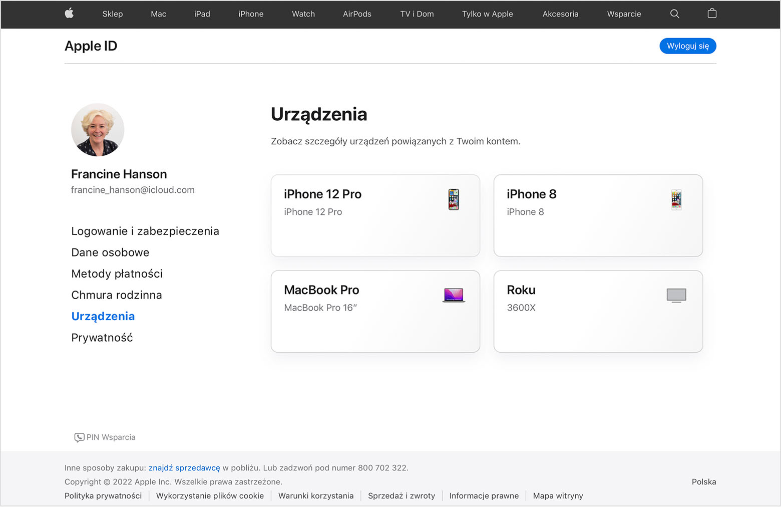 Obraz strony appleid.apple.com wyświetlający trzy urządzenia dla użytkowniczki Francine Hanson: telefon iPhone 12 Pro, MacBooka Pro i urządzenie Roku.