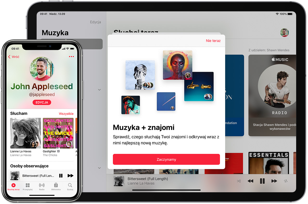 iPhone wyświetlający profil użytkownika w aplikacji Apple Music. Oraz Mac wyświetlający ekran „Zaczynamy” w celu utworzenia nowego profilu w aplikacji Apple Music.
