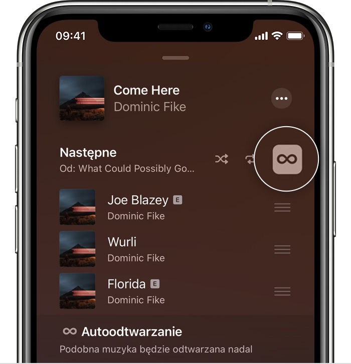 iPhone wyświetlający przycisk Autoodtwarzanie na ekranie Autoodtwarzanie