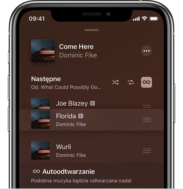 iPhone wyświetlający przestawianą muzykę na ekranie Następne
