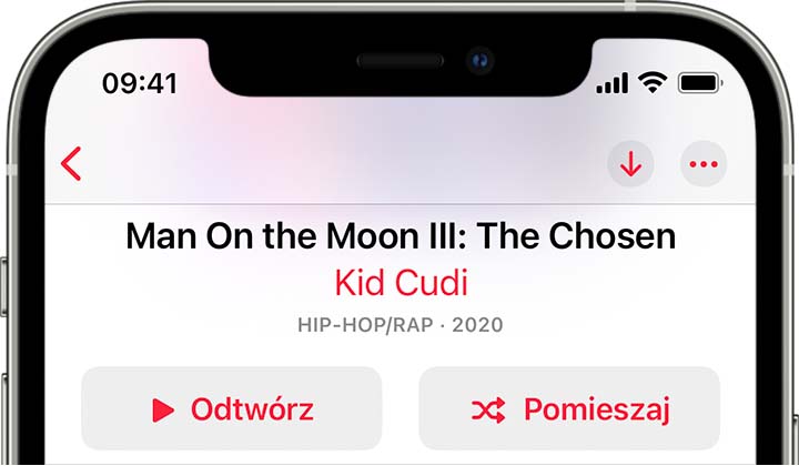 Przycisk Pomieszaj u góry albumu na ekranie telefonu iPhone.
