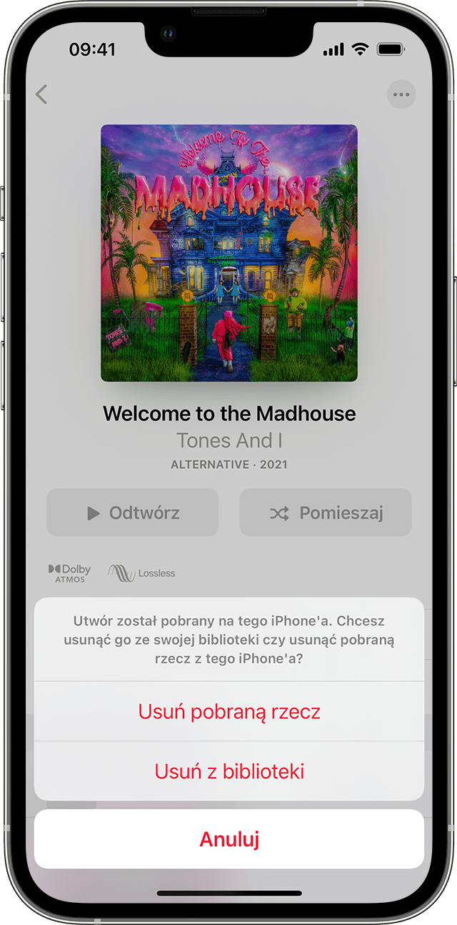Opcje Usuń z biblioteki i Usuń pobraną rzecz w aplikacji Apple Music na telefonie iPhone, iPadzie, iPodzie touch lub urządzeniu z systemem Android