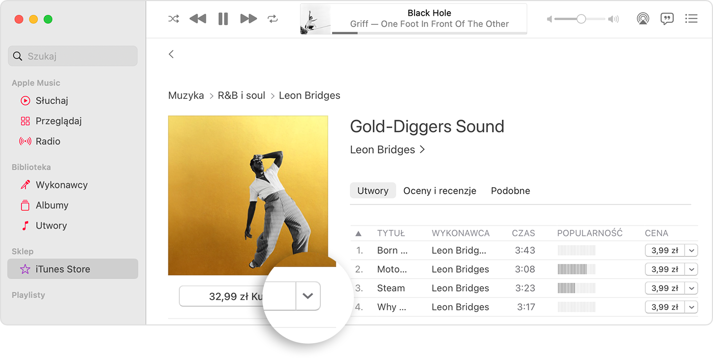 iTunes Store w aplikacji Apple Music z przyciskiem ze strzałką obok ceny