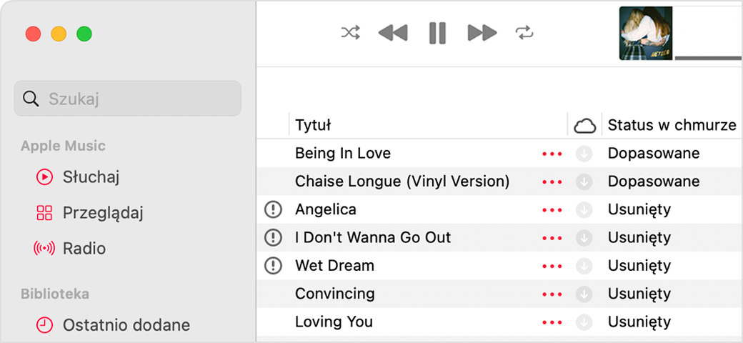 Aplikacja Apple Music wyświetlająca statusy chmury obok utworów