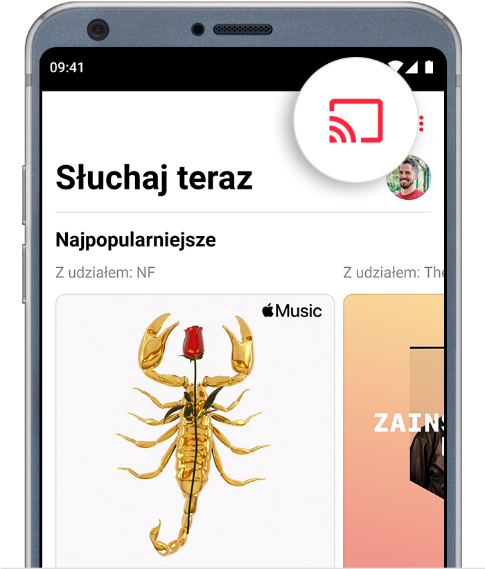 Telefon z systemem Android wyświetlający przycisk Cast u góry aplikacji Apple Music.