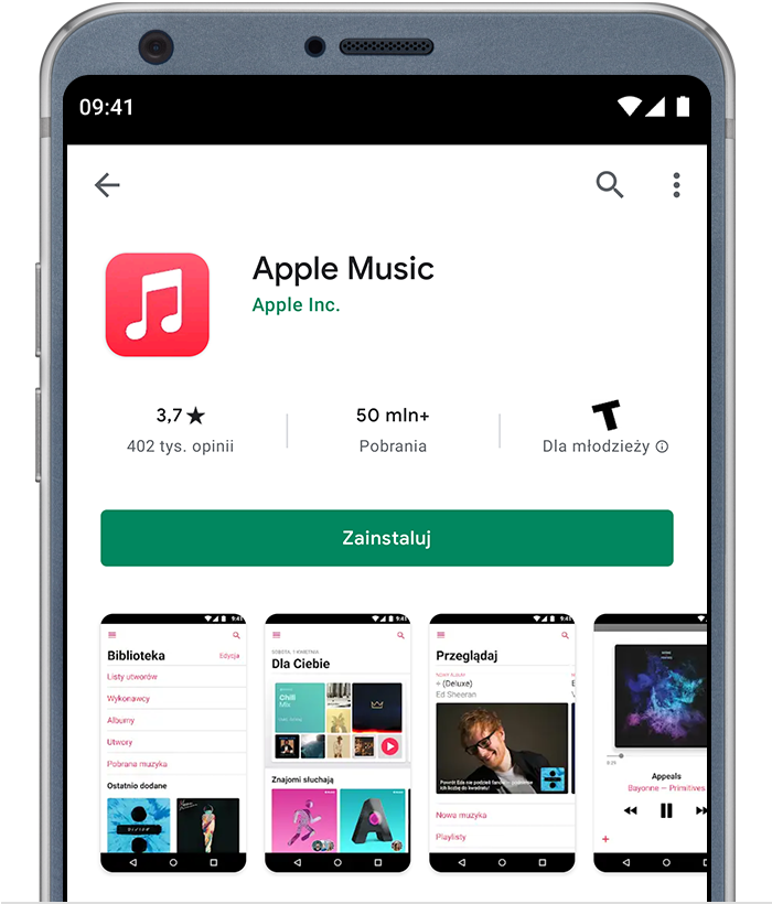 Telefon z systemem Android wyświetlający aplikację Apple Music w sklepie Google Play
