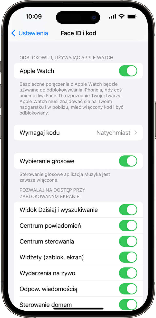Zrzut ekranu z systemu iOS z opcjami ustawień funkcji Face ID i kod.
