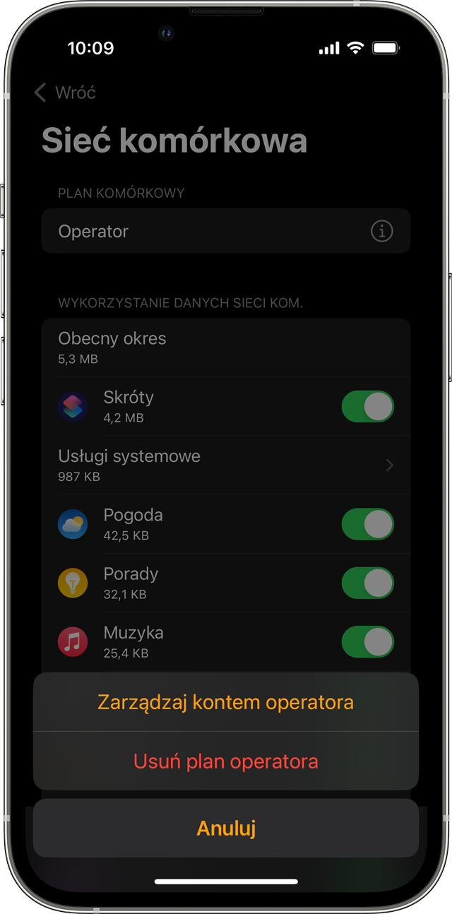iPhone wyświetlający ekran Sieć komórkowa w aplikacji Watch