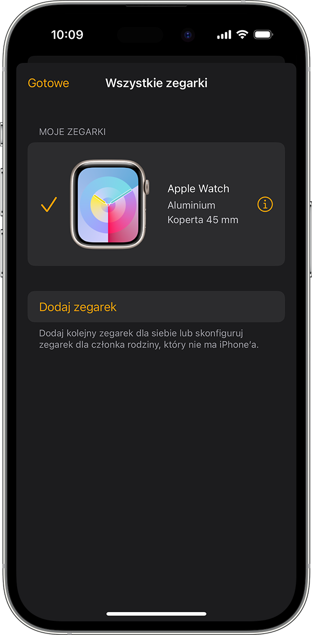 Przycisk Informacje obok zegarka Apple Watch w aplikacji Apple Watch dla systemu iOS