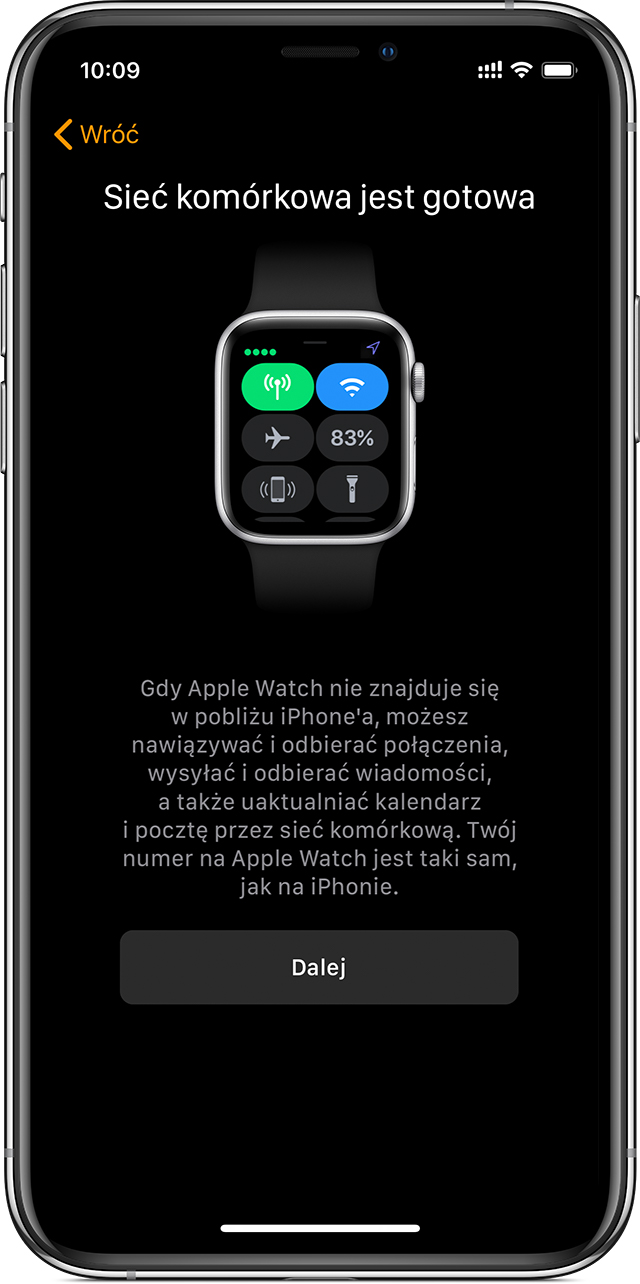 Ekran ustawień sieci komórkowej telefonu iPhone wyświetlający informację, że sieć jest gotowa do użycia na zegarku Apple Watch.
