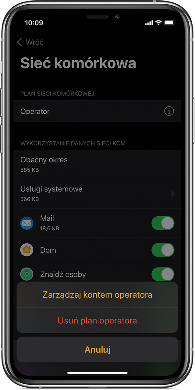 Telefon iPhone wyświetlający ekran Sieć komórkowa w aplikacji Watch