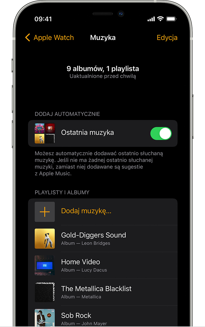 Aplikacja Apple Watch na iPhonie wyświetlająca playlisty i albumy, które możesz dodać.